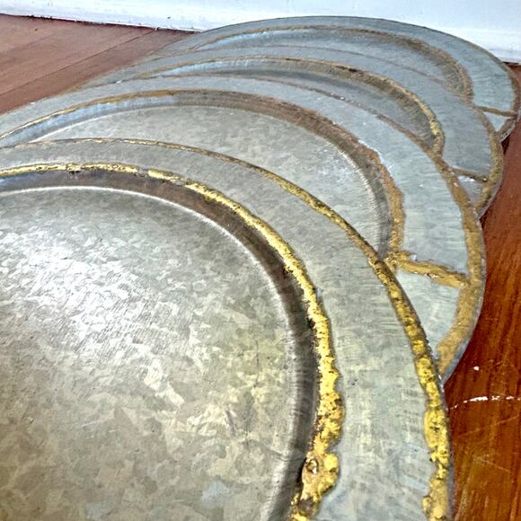 Set of 4 Hearth & Hand Magnolia Galvanized Chargers w/ Gold Accents - Picture 3 of 12